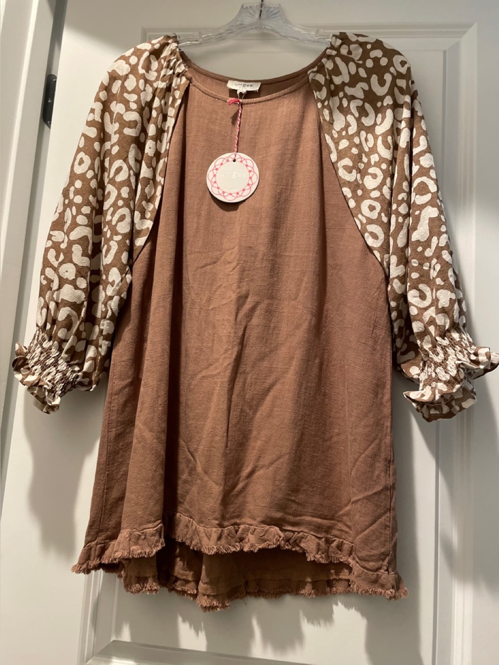 Umgee Tunic Dress Size S Solid Latte  and Animal Print Boho Chic Casual Western